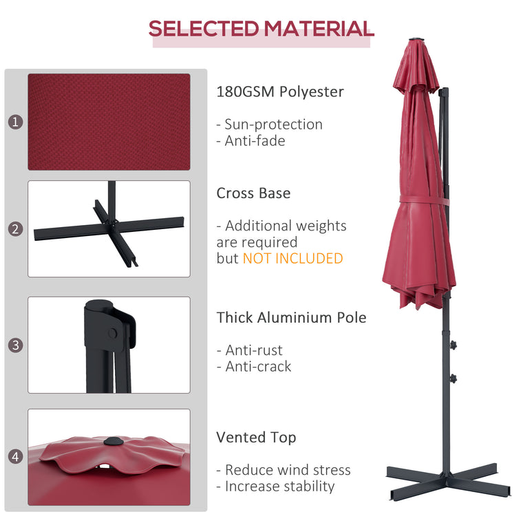 10FT Red Aluminum Cantilever Umbrella with 360° Rotation