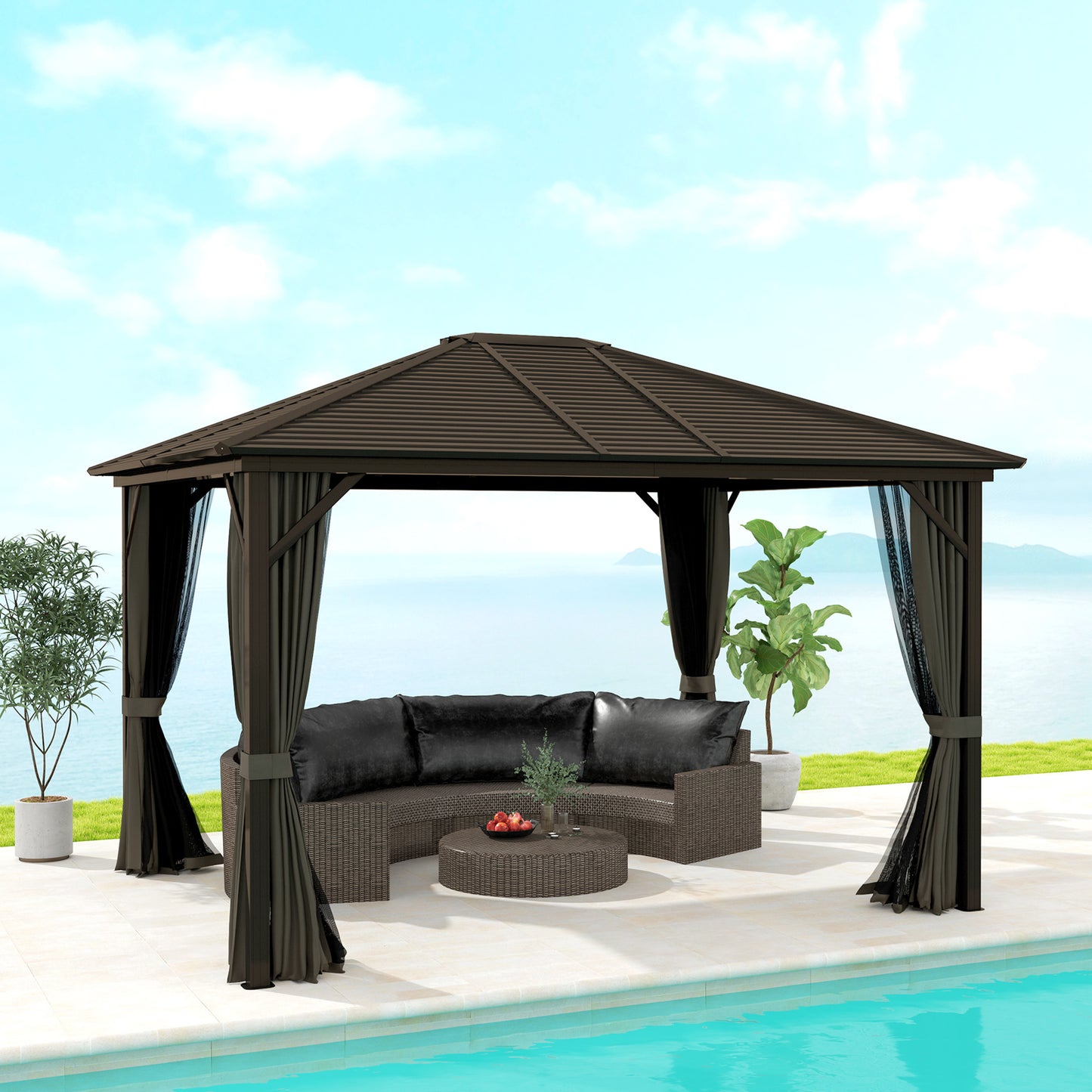 10' x 12' Deluxe Hardtop Gazebo with Metal Roof, Aluminum Frame Patio Gazebo Garden Sun Shelter Outdoor Pavilion with Curtains and Netting, Grey