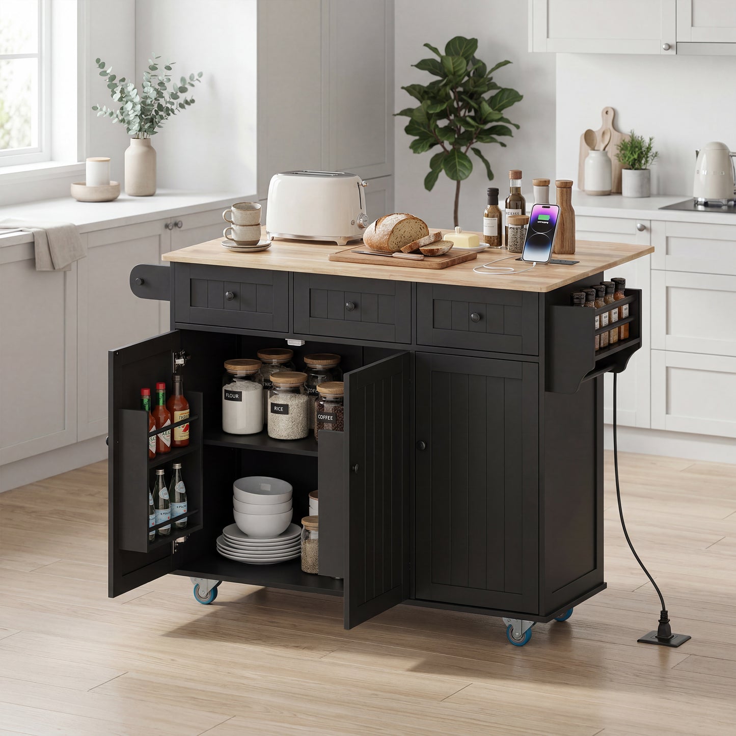 Kitchen Island on Wheels with Drop Leaf, Charging Station, Rolling Kitchen Cart with Wood Top, Adjustable Shelf, Black