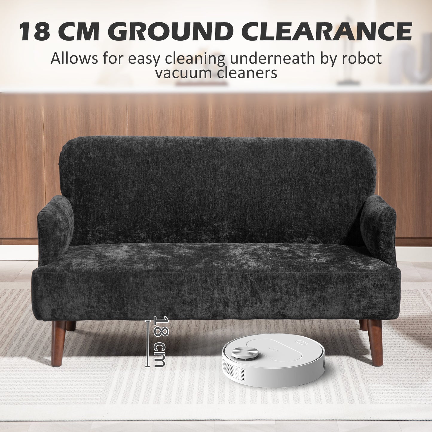 Velvet Feel Fabric 2 Seater Sofa, Small Sofa Loveseat with 8.3" Thick Padding and Wood Legs, Black