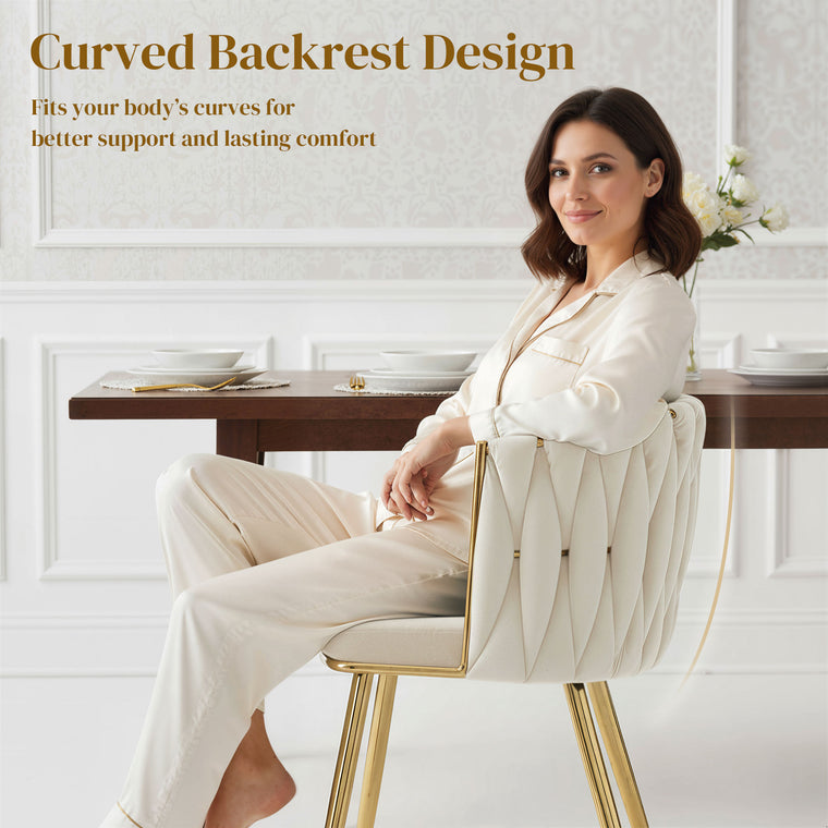 Velvet Dining Chairs Set of 2 with Woven Backrest - Cream White