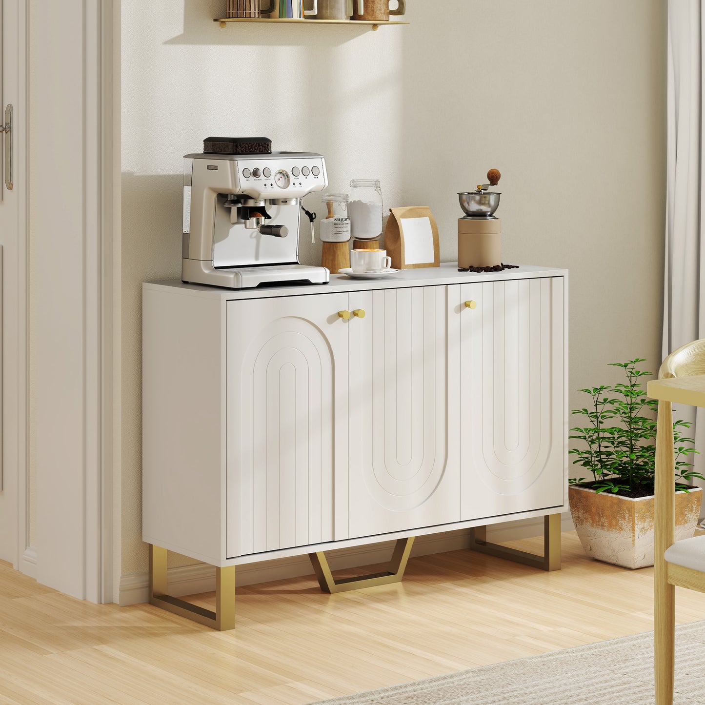 Sideboard Buffet Cabinet with 3 Doors, Modern Storage Cabinet with Adjustable Shelves & Center Leg, White