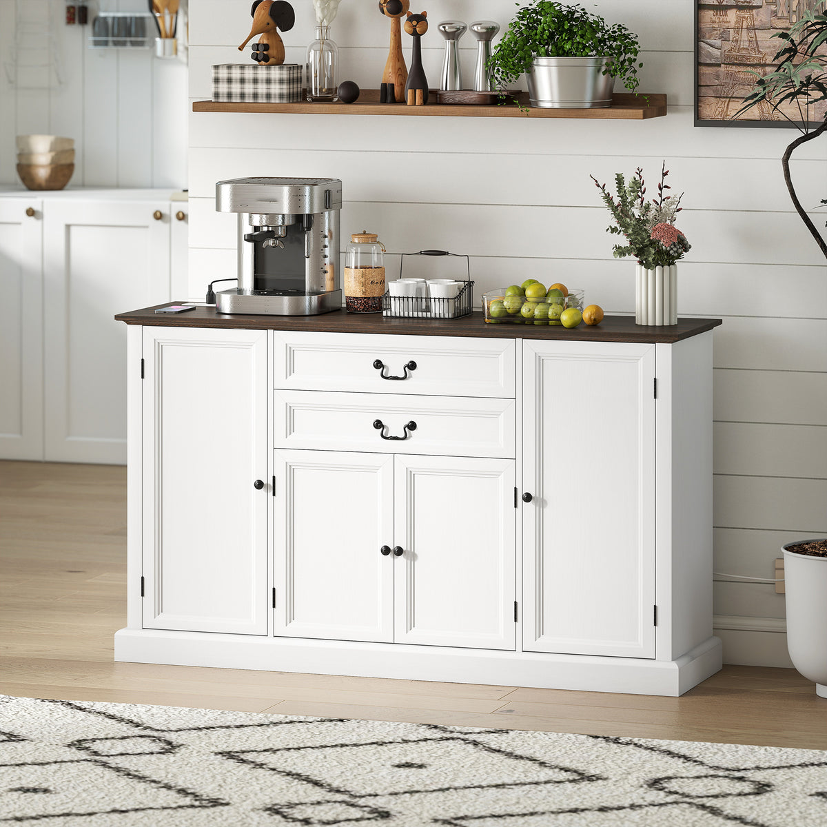 Farmhouse Sideboard with Charging Station and Thickened Top, 58" Buffet Cabinet with 2 Soft-Close Drawers, White