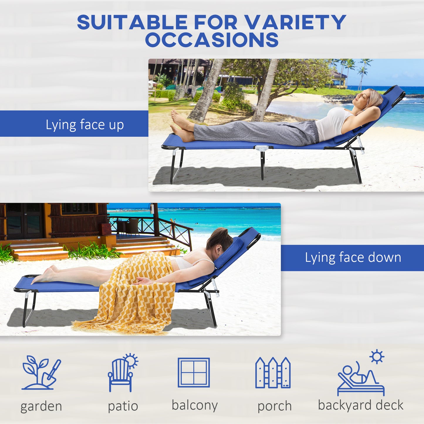 Folding Lounge Chair Set of 2, Reclining Beach Tanning Chair with Face Hole, Pillow, 4-Position Adjustable Flat Sun Lounger, Steel Frame for Outdoor Patio Pool, Green