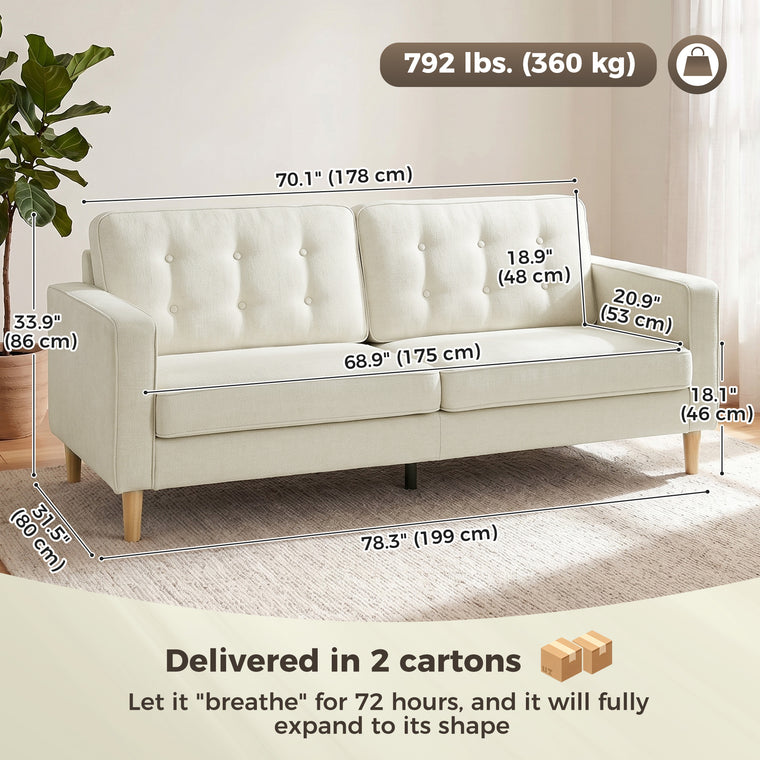 3-Seater Button-Tufted Sofa with Wood Legs