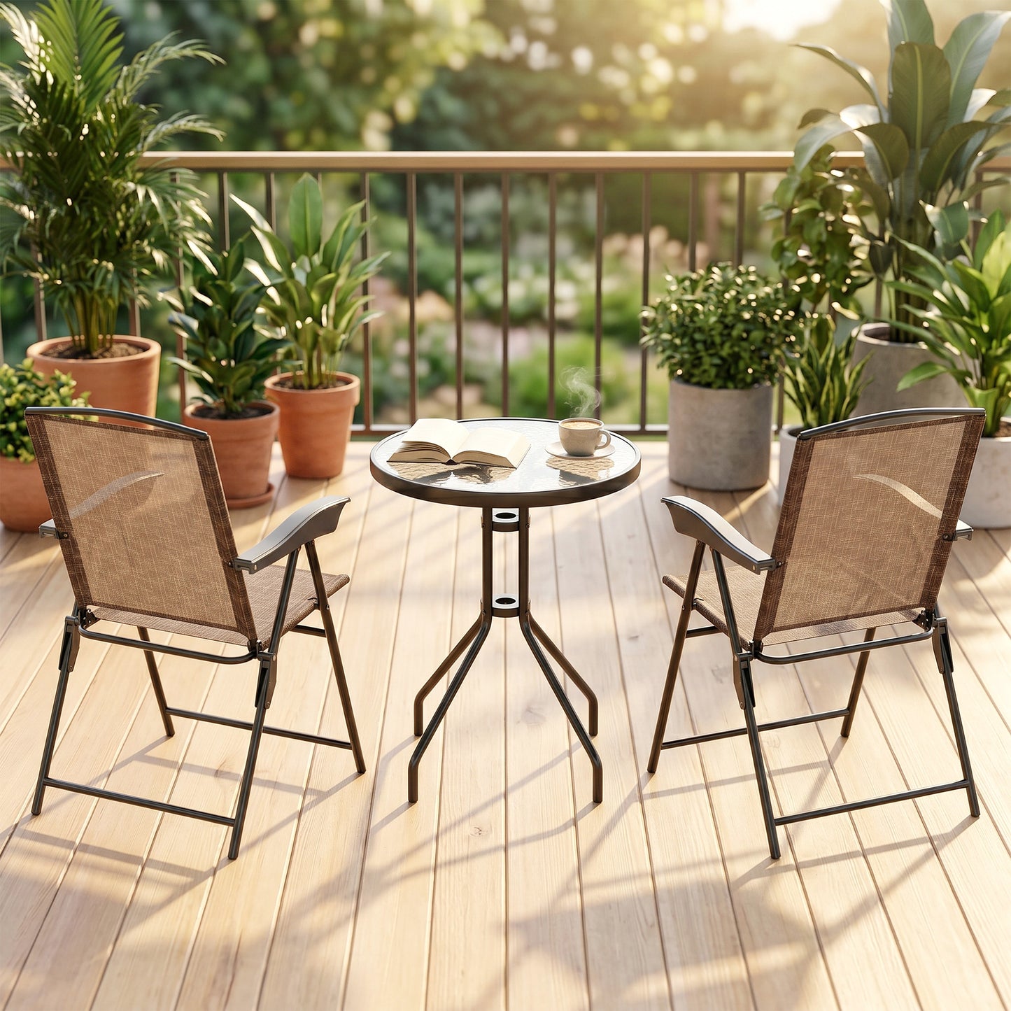 Folding Outdoor Bistro Set, Patio Table and Chairs with Reclining Backrest and Round Dining Table, Brown