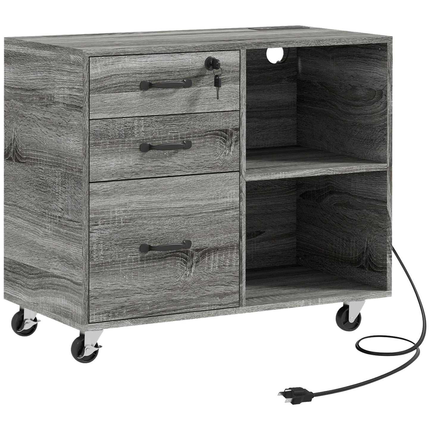 Mobile Printer Stand with Charging Station USB Ports Locking Filing Cabinet for A4 Letter Size Grey
