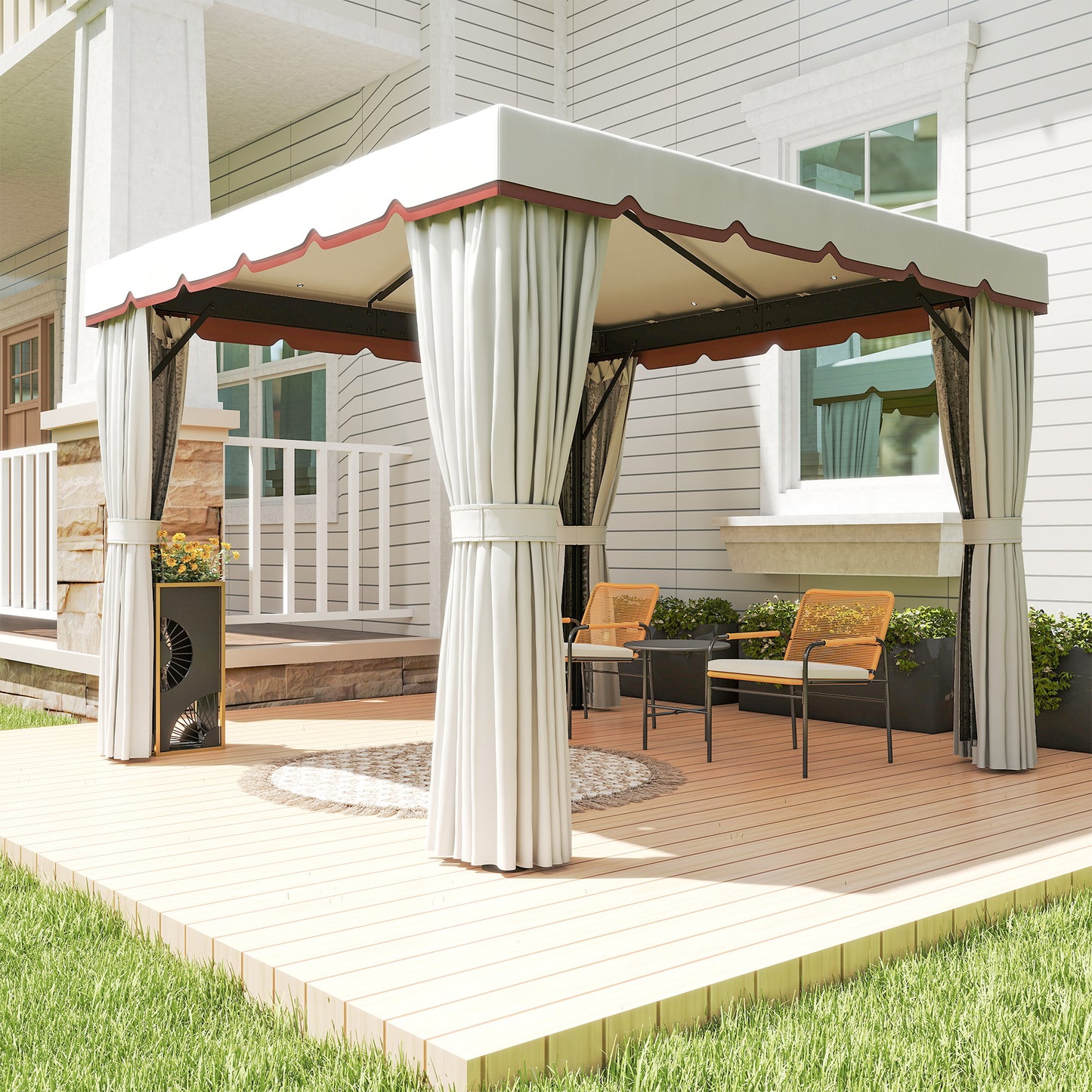 10' x 10' Outdoor Patio Gazebo, Double Soft-top Garden Shelter Tent with Curtains & Mesh Screen Drapes, Cream White