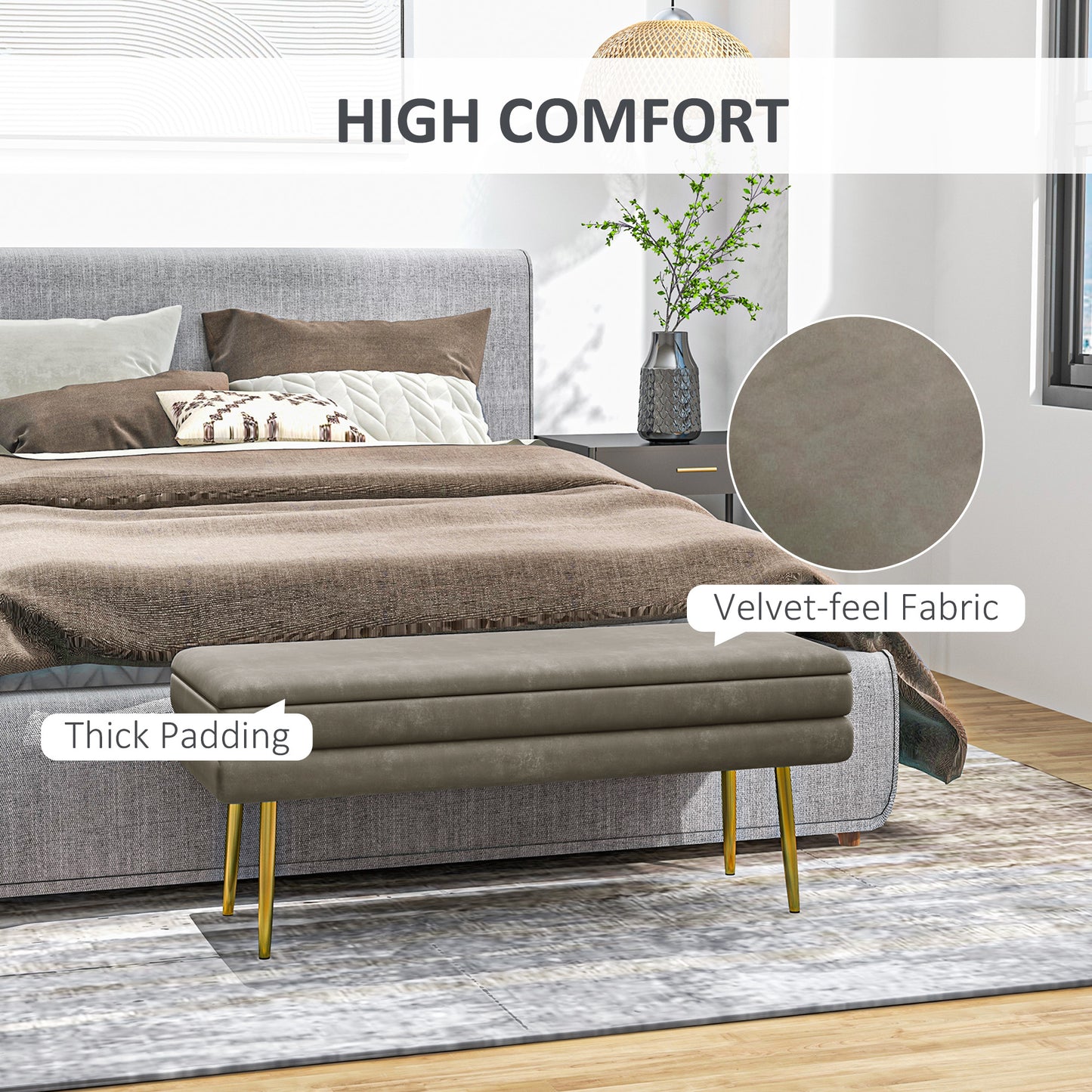 39" Storage Ottoman, Velvet End of Bed Bench with Steel Legs, Foot Stool with Storage for Bedroom, Living Room, Beige