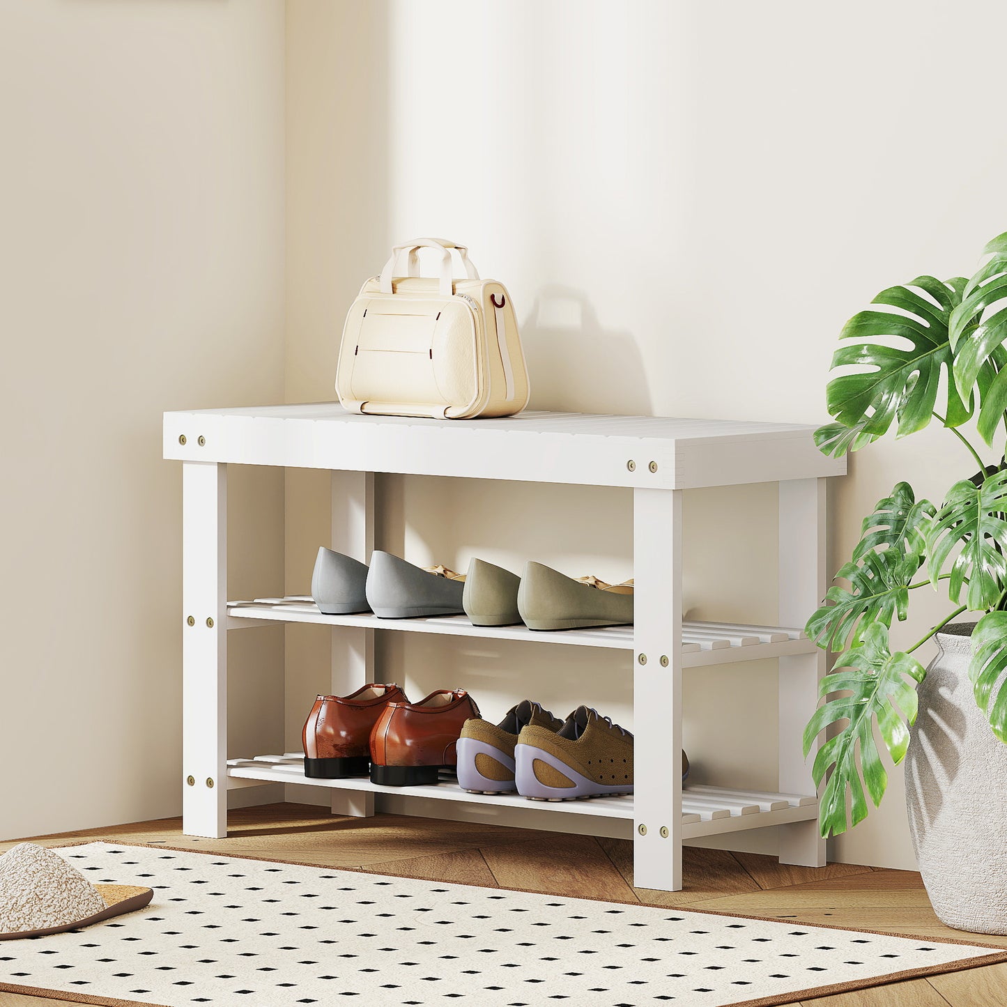 Bamboo Shoe Storage Bench, 3-Tier Entryway Bench with 2 Storage Shelves for Hallway, Holds 6 Pairs, White