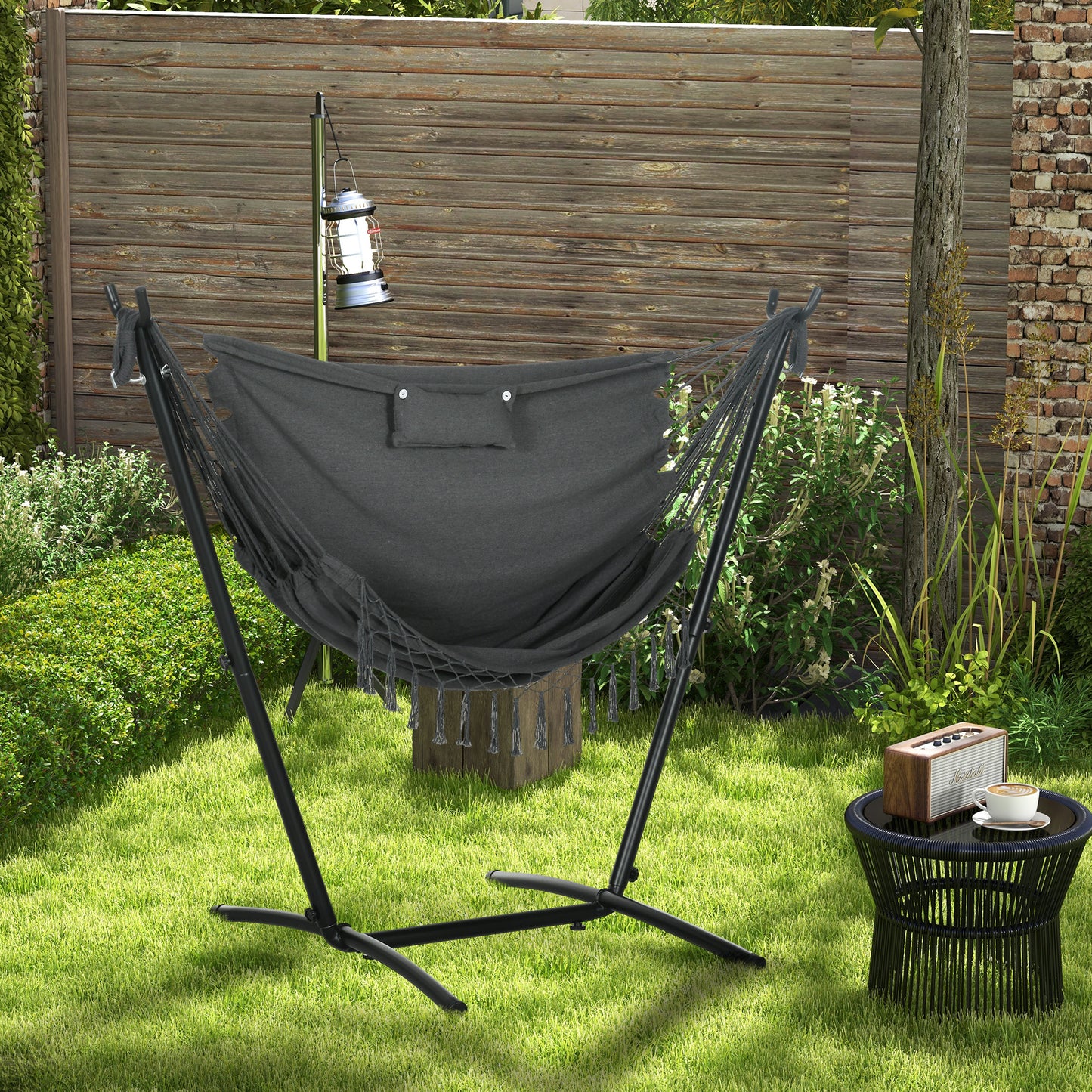 Patio Hammock Chair with Stand, Outdoor Hammock Swing Hanging Lounge Chair with Side Pocket and Headrest, Cream - Dark Grey