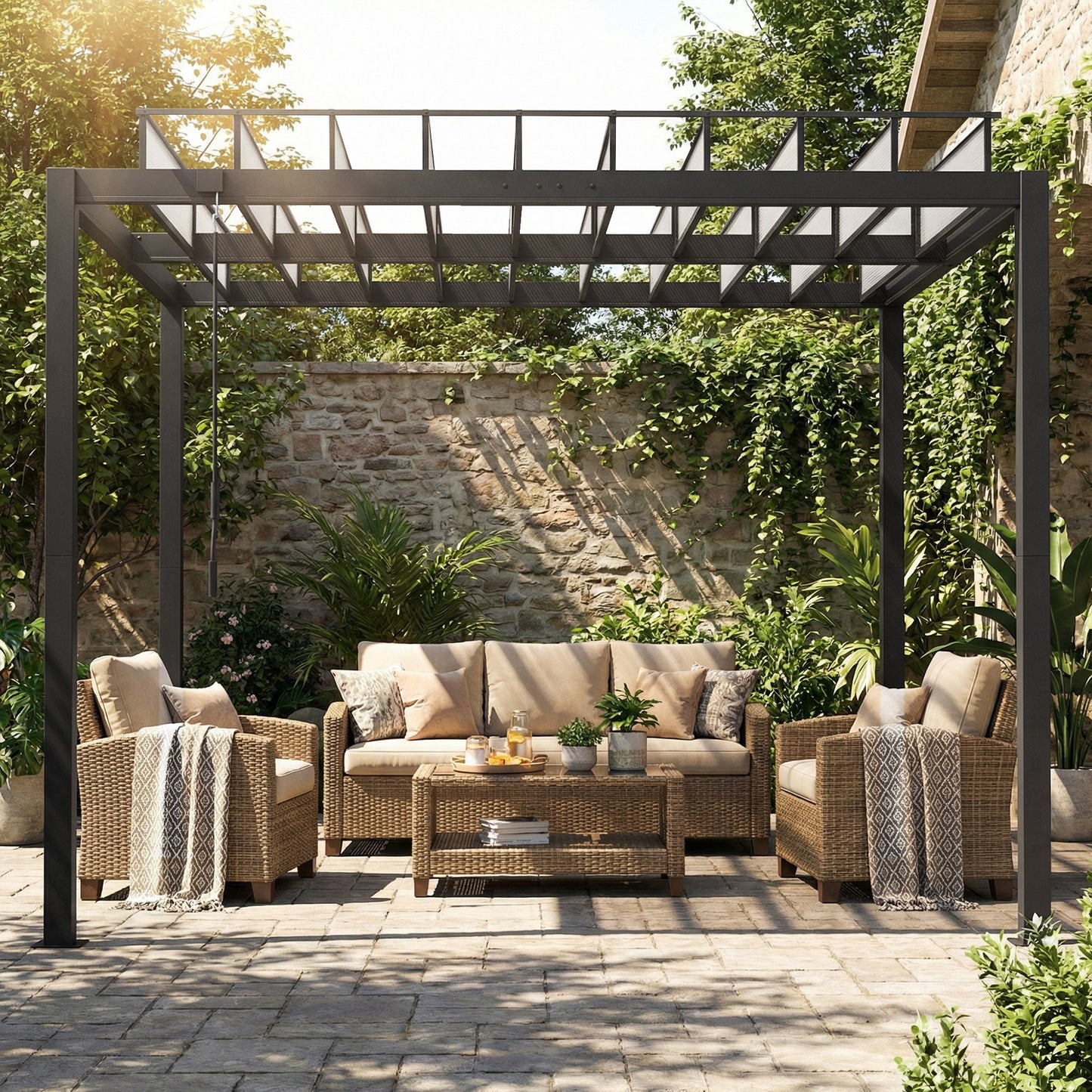 9.5 x 10 ft Louvered Pergola with PC Roof, Aluminium Outdoor Pergola Gazebo with Drainage Gutters, Handle, Clear