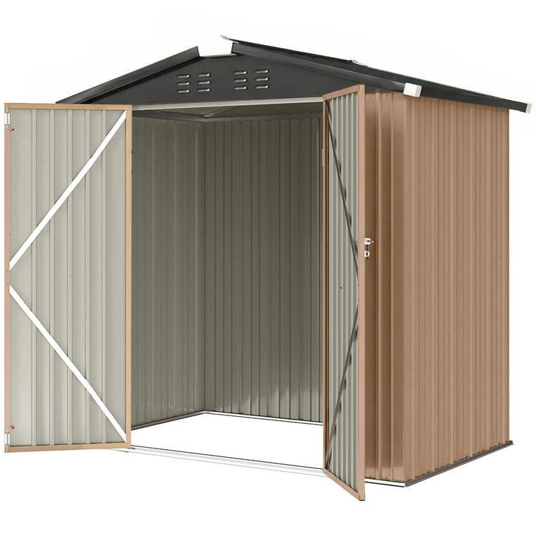 6.5' x 4' Metal Garden Shed with Lockable Doors - Brown
