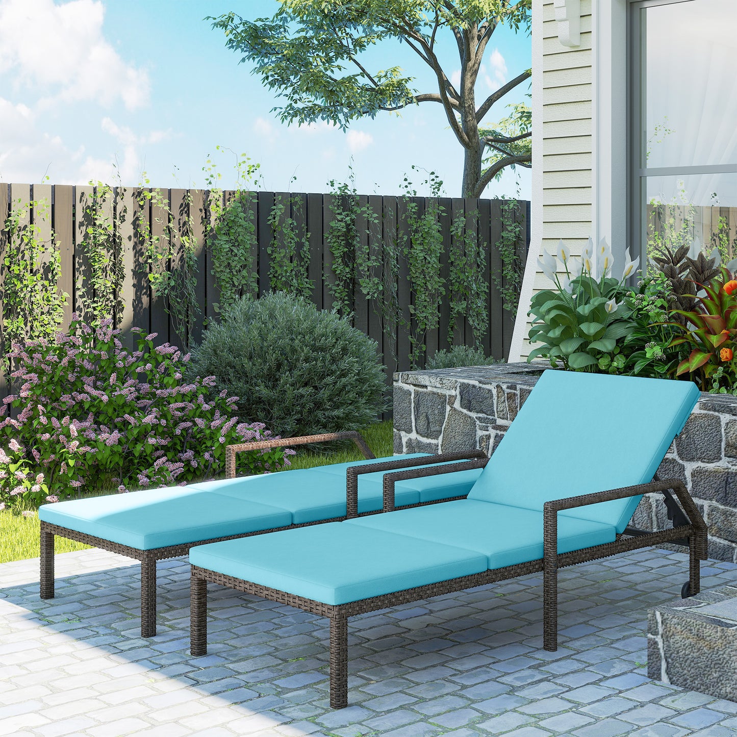 2 Piece Wicker Chaise Lounger PE Rattan Outdoor Lounge Chair Recliner with Adjustable Backrest and 2 Wheels, Sky Blue