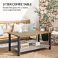 2-Tier Rectangle Outdoor Coffee Table, Patio Table with Wood-Effect Metal Top, Wicker Shelf for Garden, Backyard, Brown