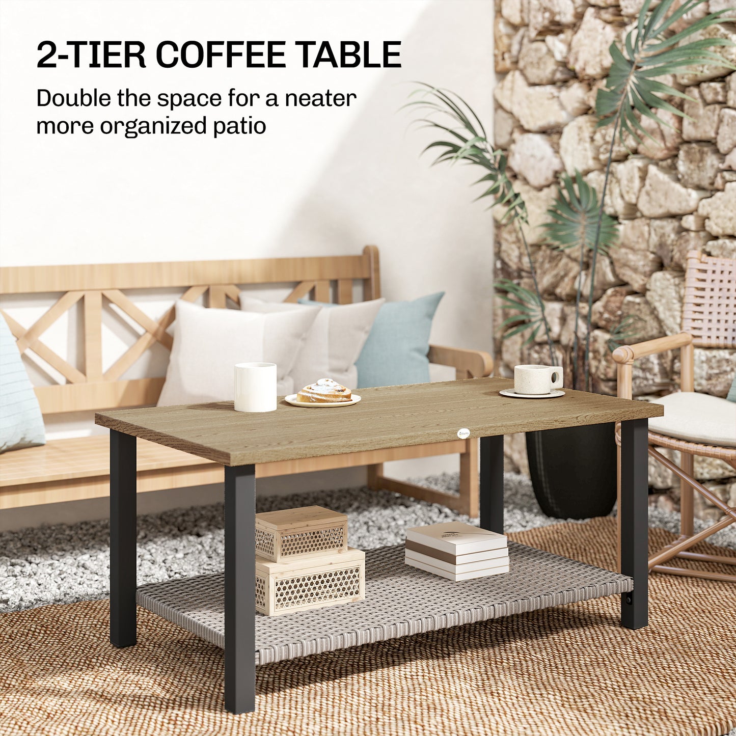 2-Tier Rectangle Outdoor Coffee Table, Patio Table with Wood-Effect Metal Top, Wicker Shelf for Garden, Backyard, Brown