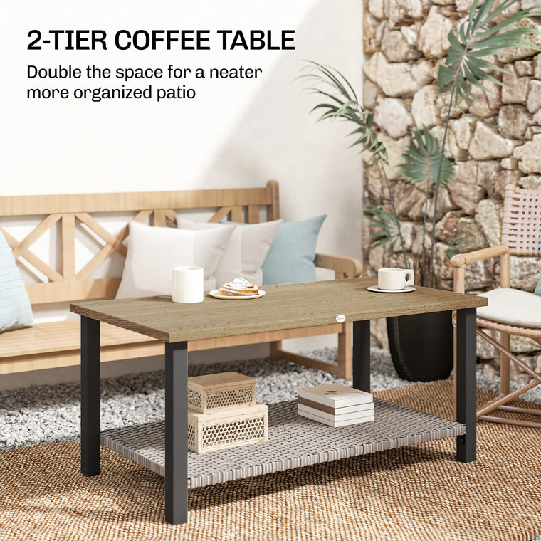 2-Tier Rectangle Coffee Table with Wicker Shelf