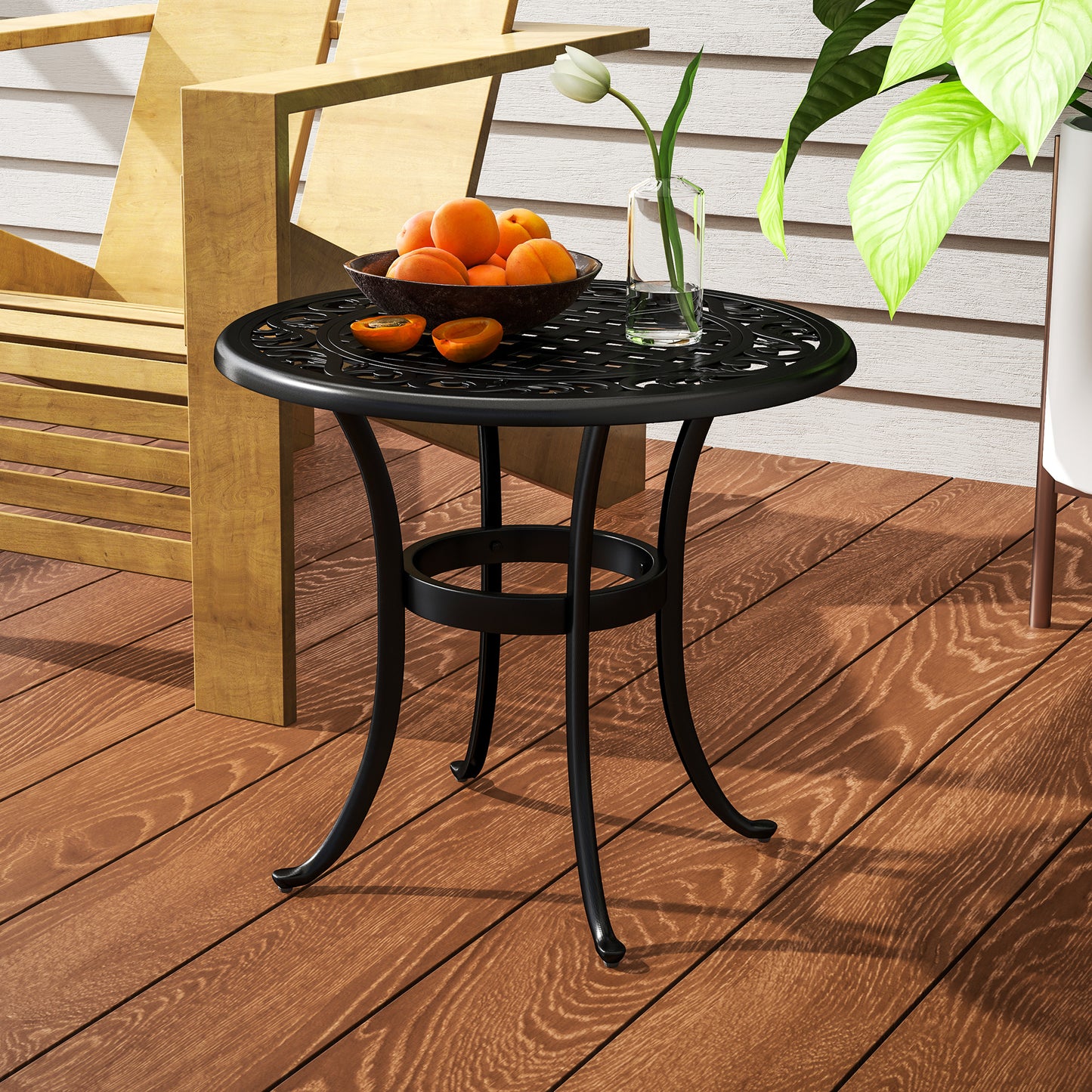 Ф23.6" Round Outdoor Side Table, Cast Aluminum Frame Patio Coffee Side Desk for Patio, Garden, Balcony, Black