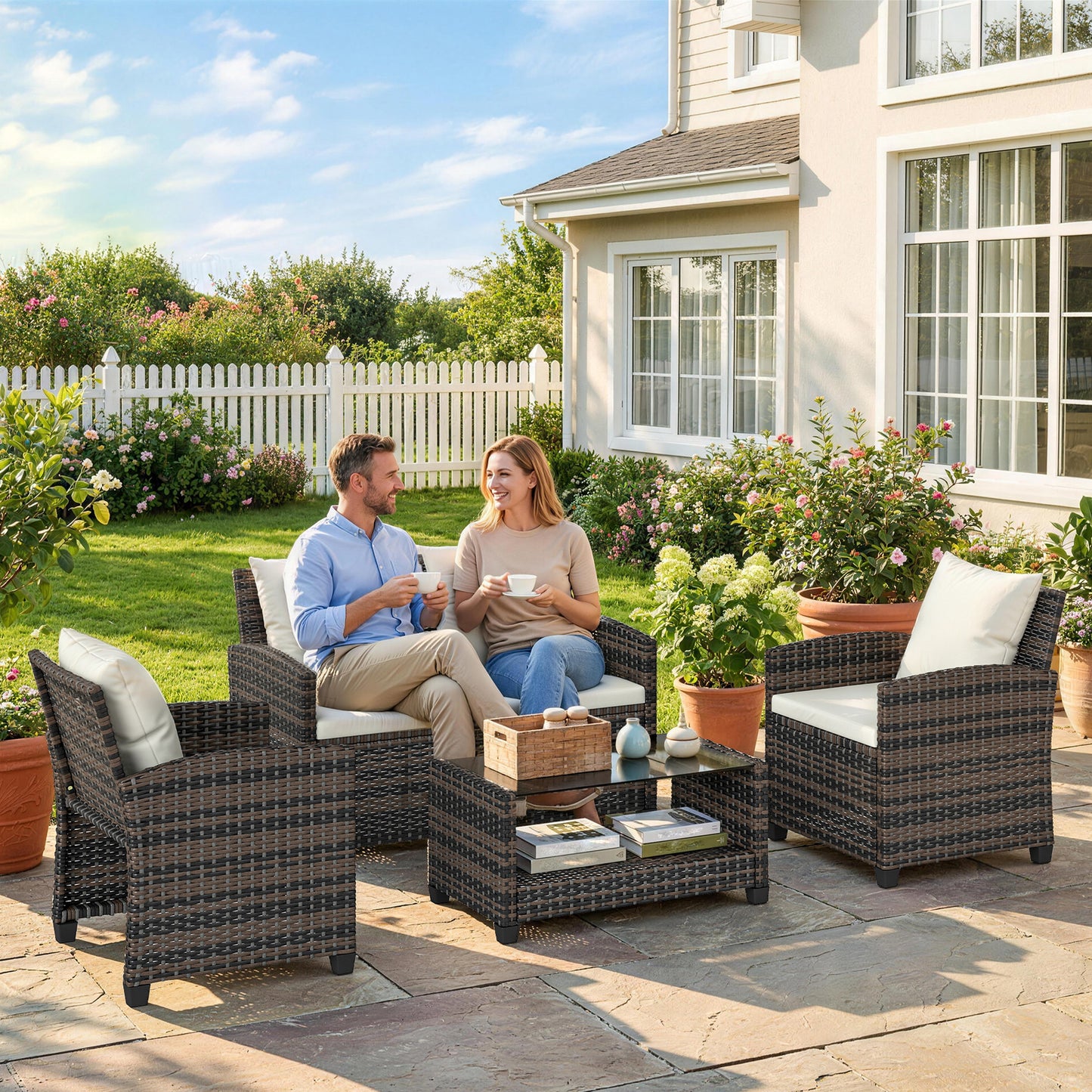 4-Piece Outdoor Wicker Patio Furniture Conversation Set, Includes Loveseat, Chairs and 2-Tier Table with Cushions, Modern Rattan Sofa Set for Backyard, Beige