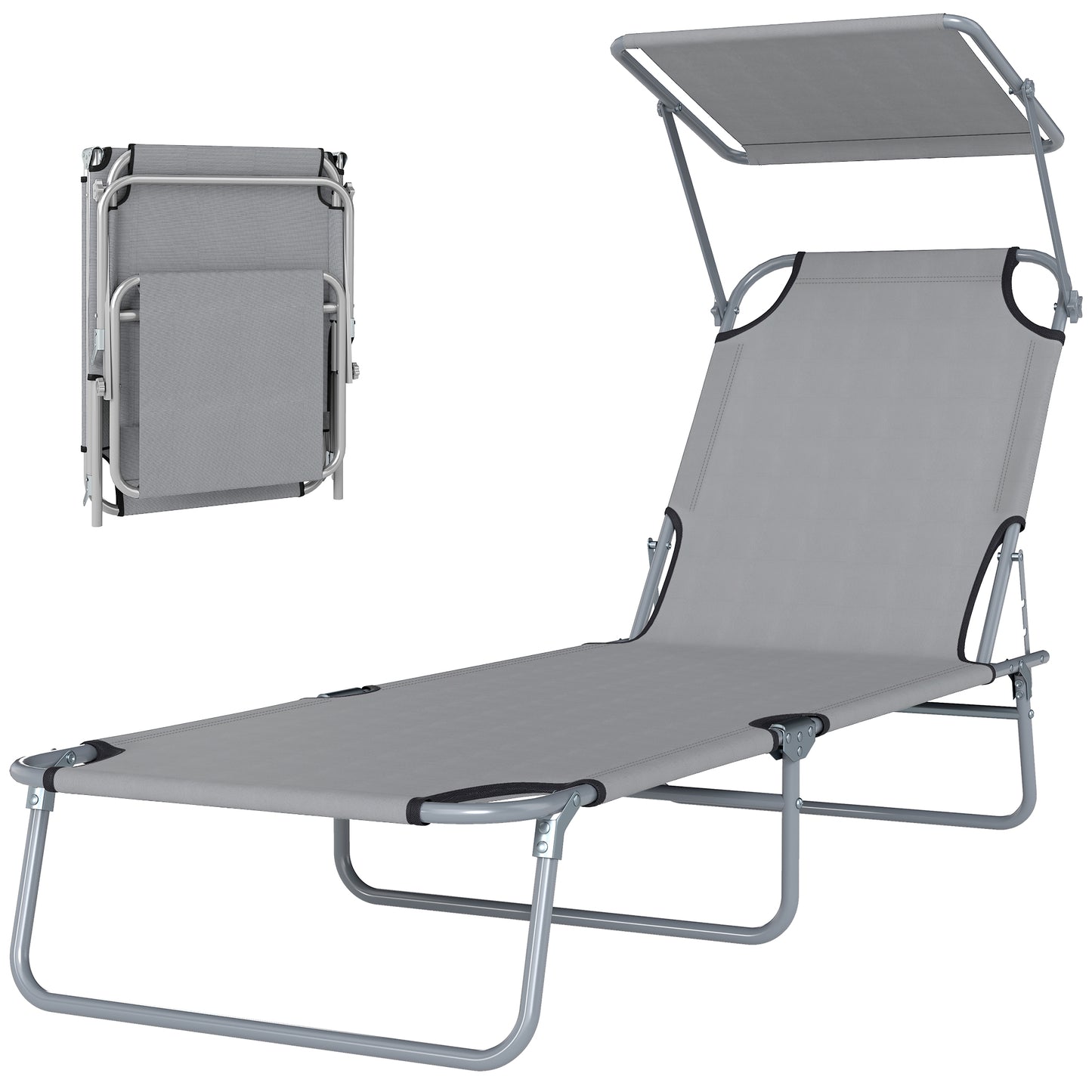 Outdoor Lounge Chair, Adjustable Folding Chaise Lounge, Tanning Chair with Sun Shade for Beach, Camping, Hiking, Backyard, Light Grey