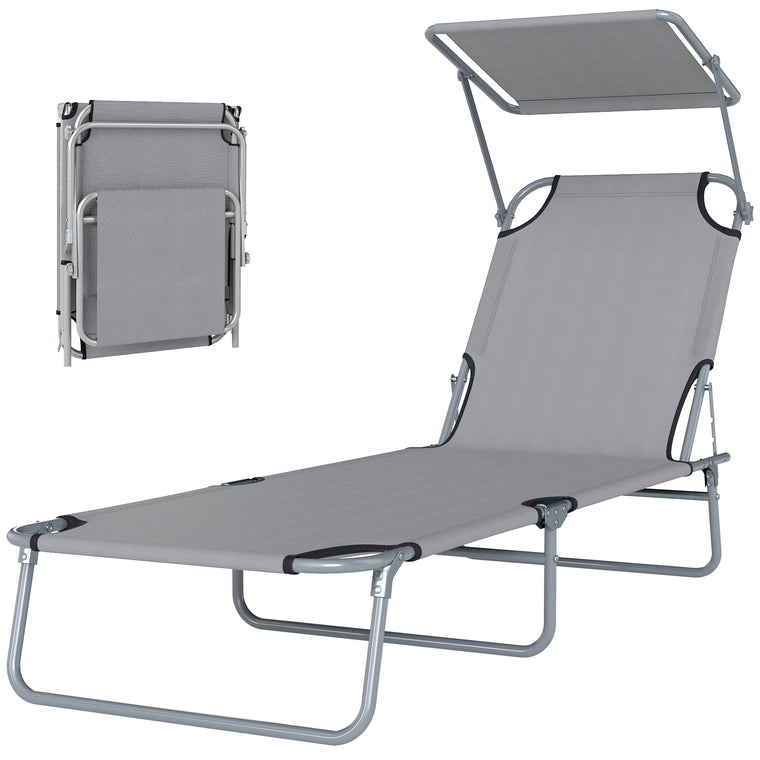 Adjustable Folding Chaise Lounge with Sun Shade - Light Grey