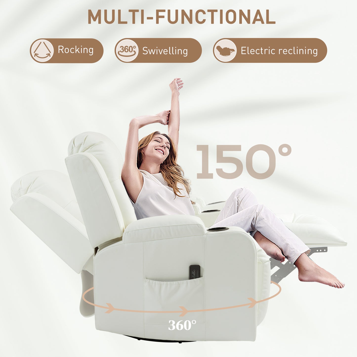 Swivel Massage Recliner Sofa, Overstuffed Manual Reclining Sofa, PU Leather Rocking Chair with Side Pockets, Cup Holders, for Living Room, Nursery, Cream White