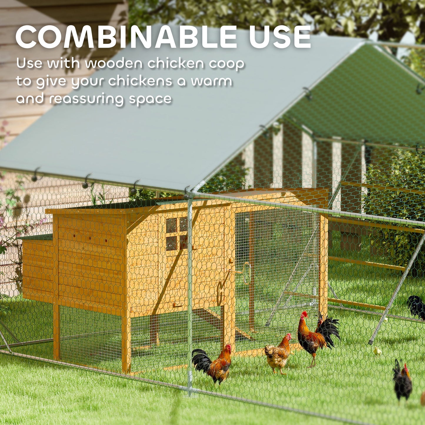 Large Metal Chicken Run with Waterproof & UV-Resistant Cover, Feeding Door, Hanging Feeder, Perch for 12-18 Chickens