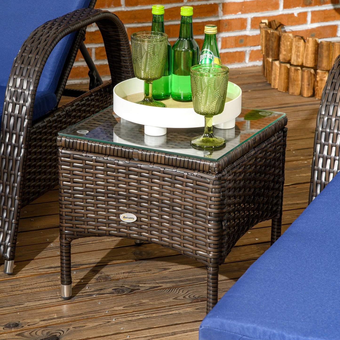 Patio Rattan Lounge Set, Wheeled Wicker Chaise Lounge Chair and Table with Tempered Glass Top, Dark Blue