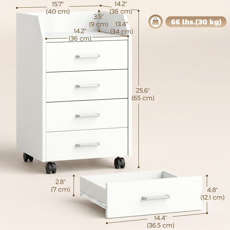 4-Drawer Mobile Filing Cabinet with Lock - White