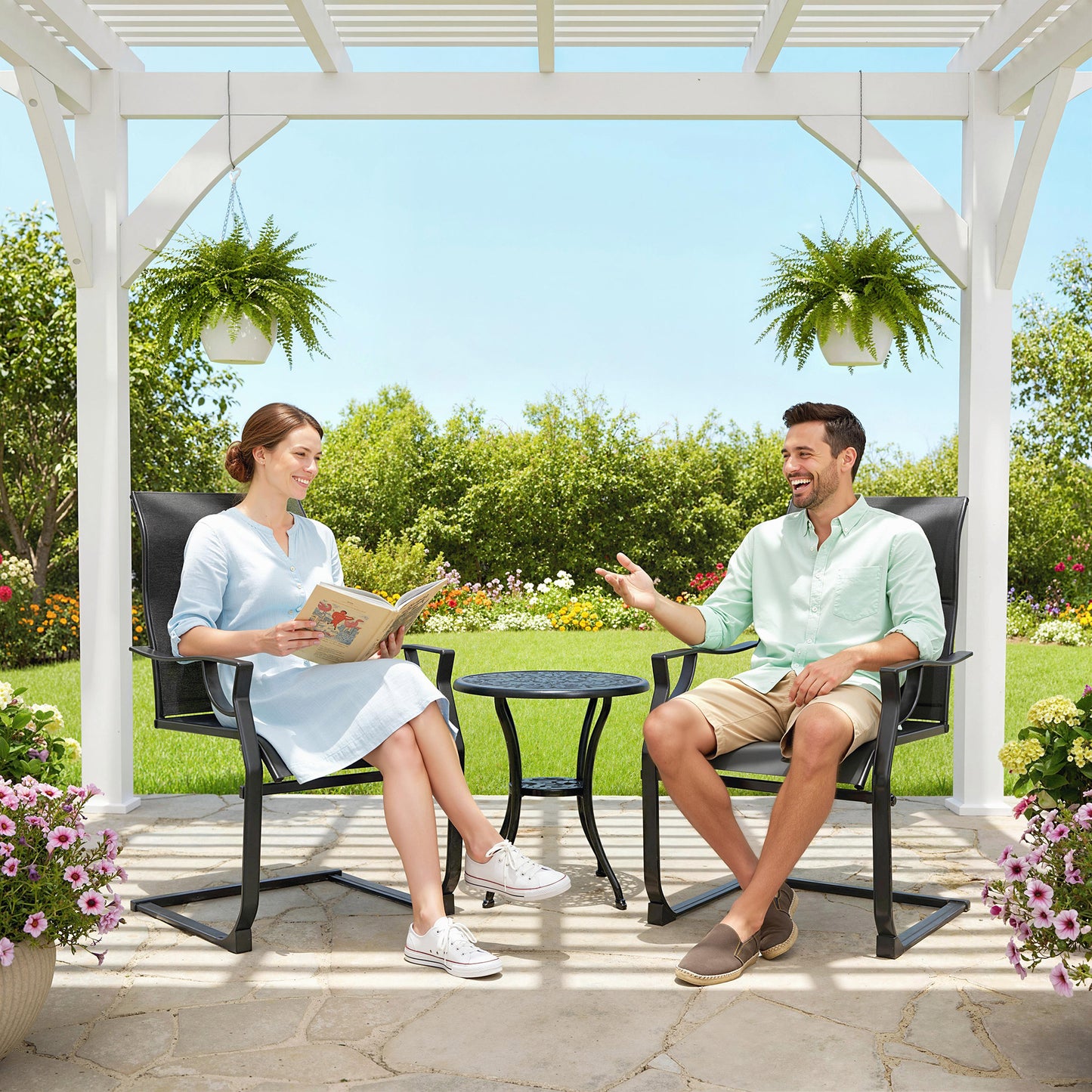 C Spring Motion Patio Chairs Set of 2 with Curved High Backrest, Armrest, All Weather Breathable Fabric, Metal Frame
