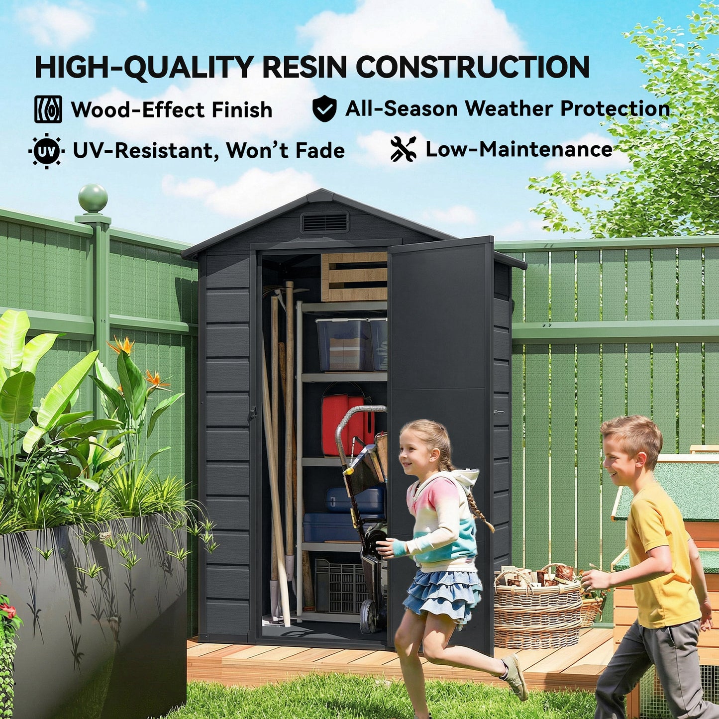 4' x 3' Plastic Garden Shed with Floor, Outdoor Small Shed with Lockable Door, Window and Vent, Dark Grey