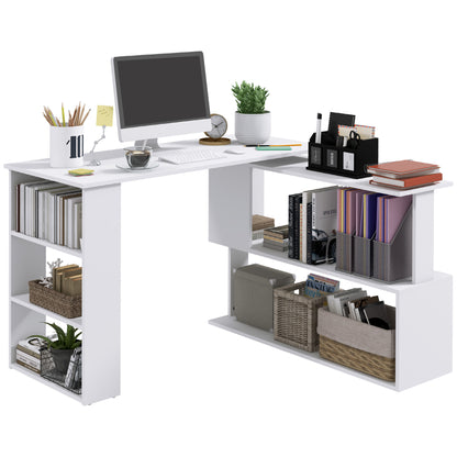 L-Shaped Rotating Corner Desk with Storage Shelf - White