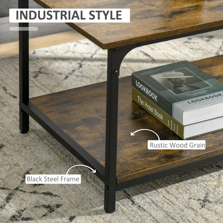 Industrial 2-Tier Coffee Table with Shelf - Rustic Brown