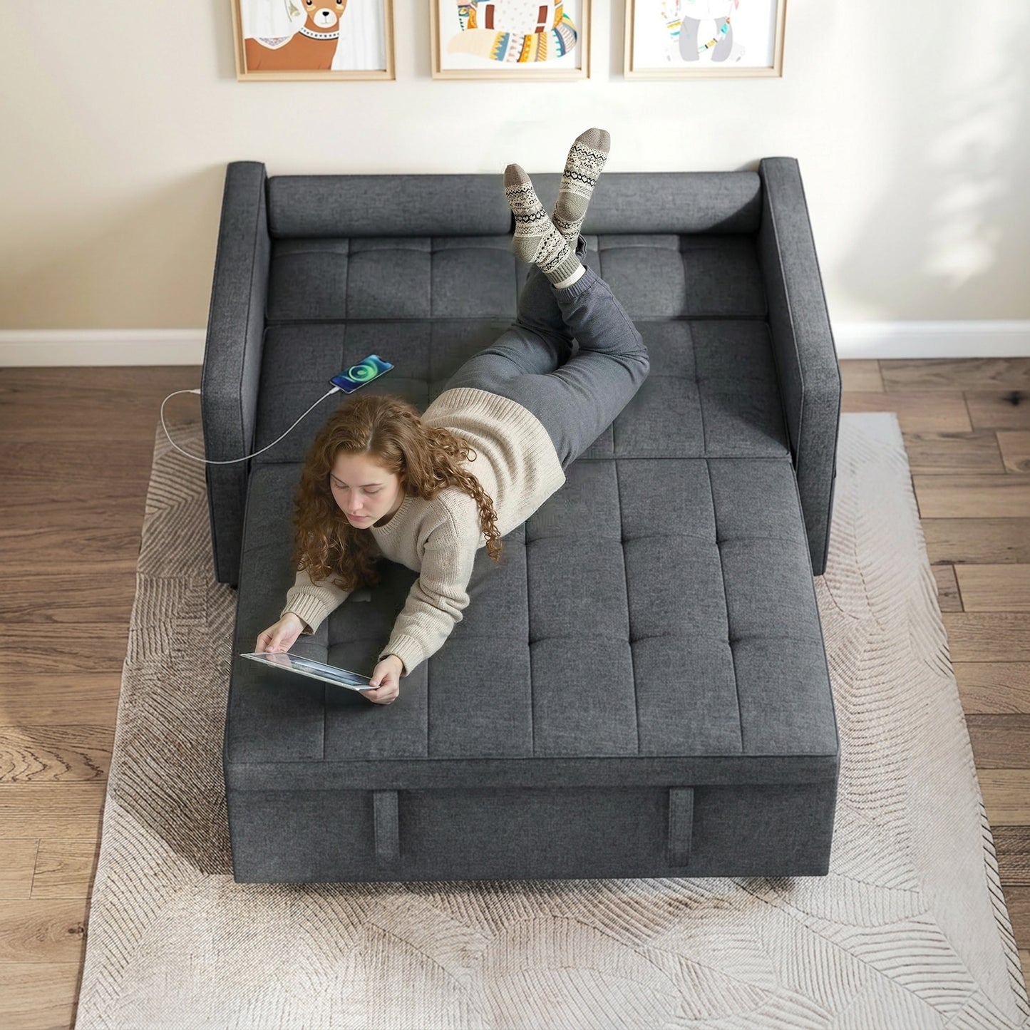 Pull Out Sofa Bed, Sleeper Sofa Couch with USB Ports, Small Linen Loveseat Futon Couch for Living Room, Dark Grey