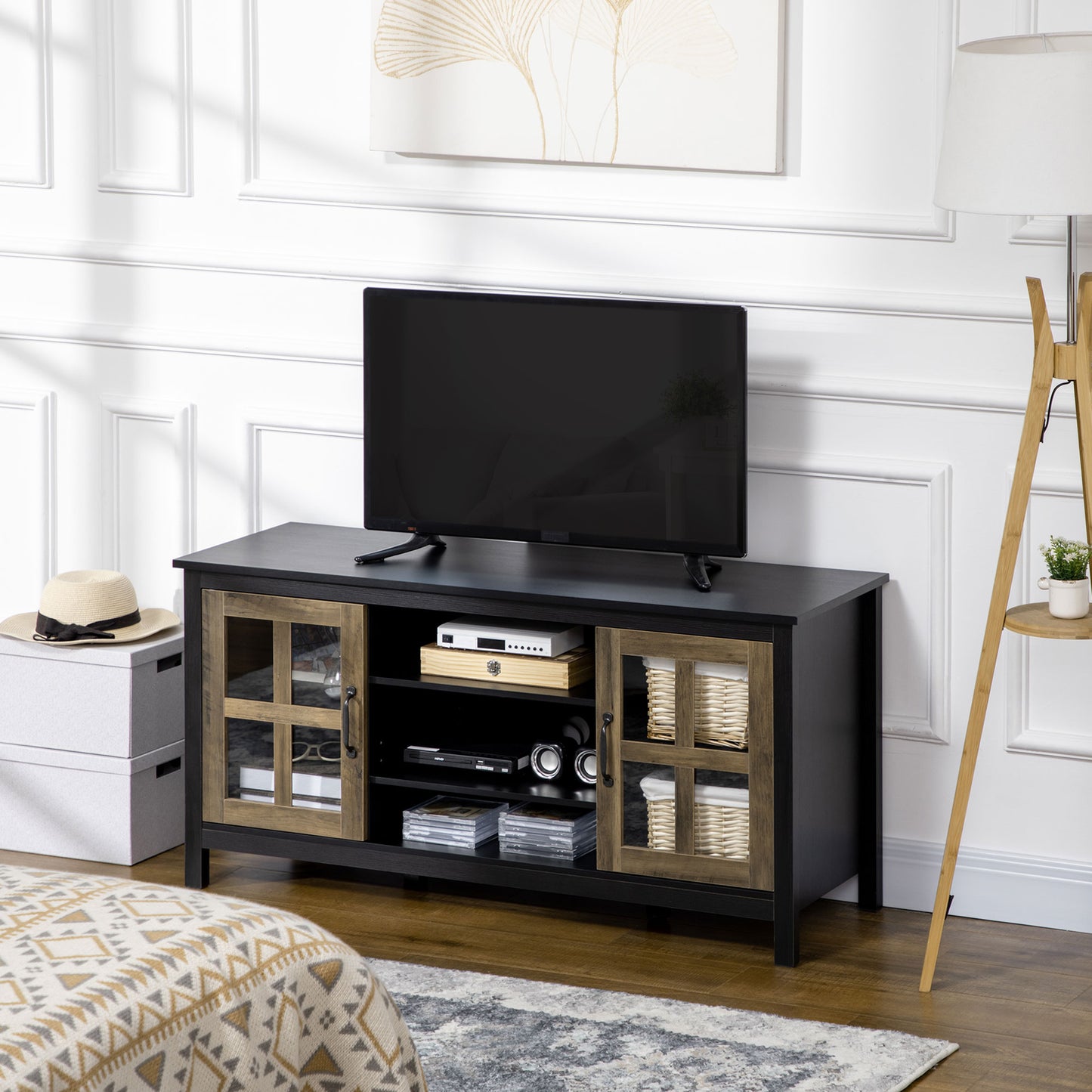 TV Stand for TVs up to 55 Inches, TV Cabinet with Adjustable Shelves and Cable Holes, TV Bench for Living Room, Black