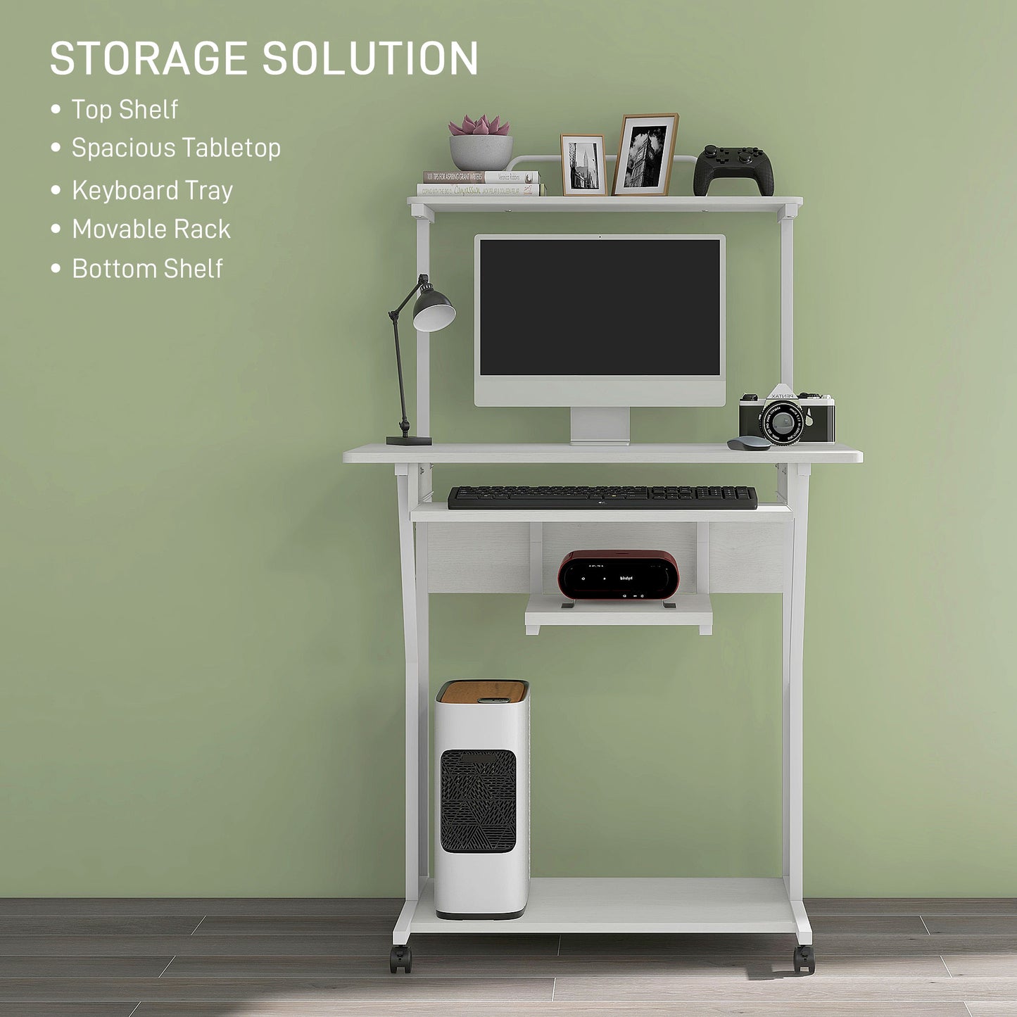 32" Mobile Computer Table, Rolling Study Desk for Home Office with Keyboard Tray, Storage Shelves, Wheels, White