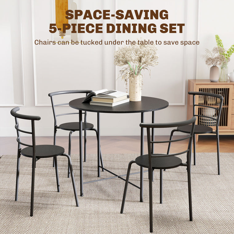 5-Piece Round Dining Set for 4 with Metal Frame - Black Wood Grain