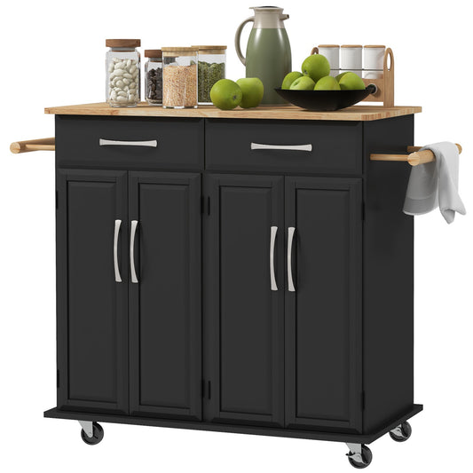 Kitchen Island with Rubberwood Top and 2 Drawers - Black