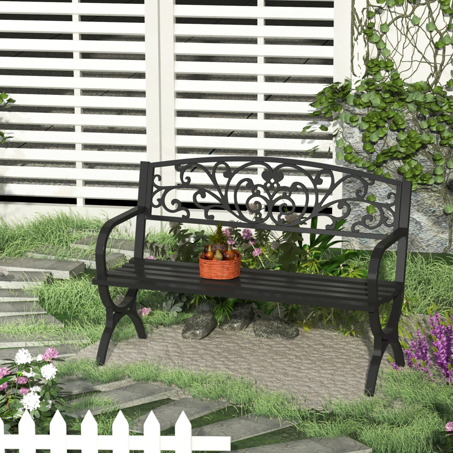50" 2-Seater Garden Bench, Patio Porch Decorative Chair Cast Iron Loveseat Outdoor Furniture for Yard, Lawn, Porch, Black