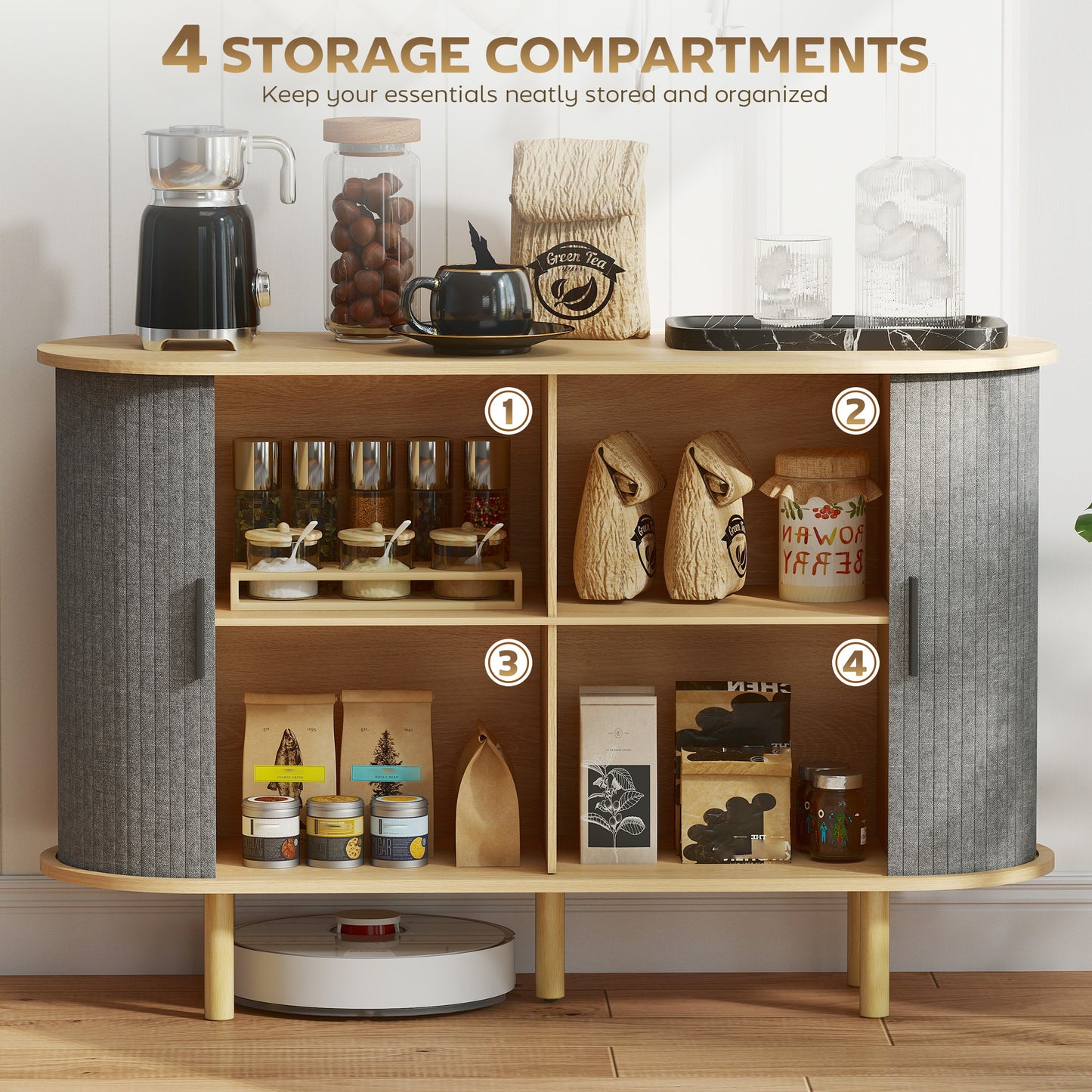 47" Buffet Cabinet with Tambour Sliding Doors, Fluted Sideboard with Storage Shelves and Wooden Legs, Grey