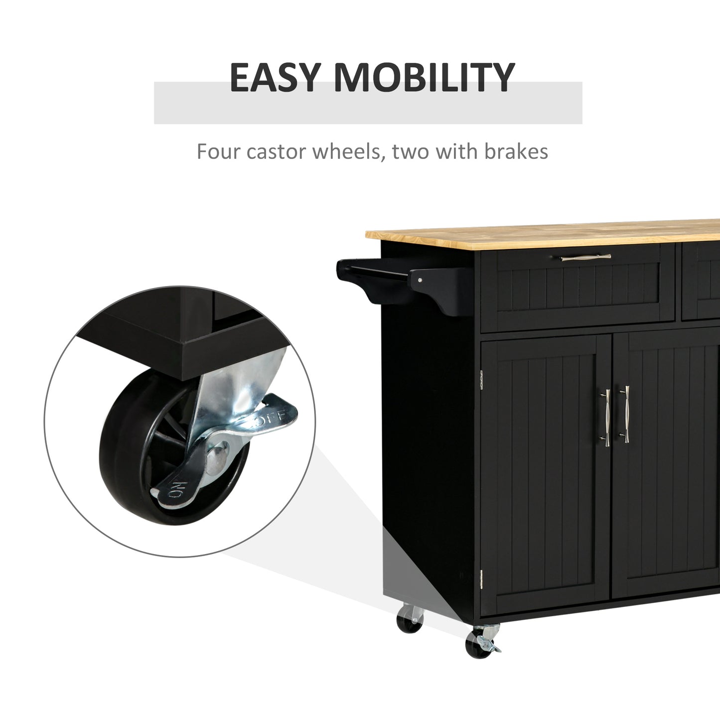 Modern Kitchen Island, Utility Kitchen Serving Cart with 2 Storage Drawers & Cabinets for Dining Room, Black