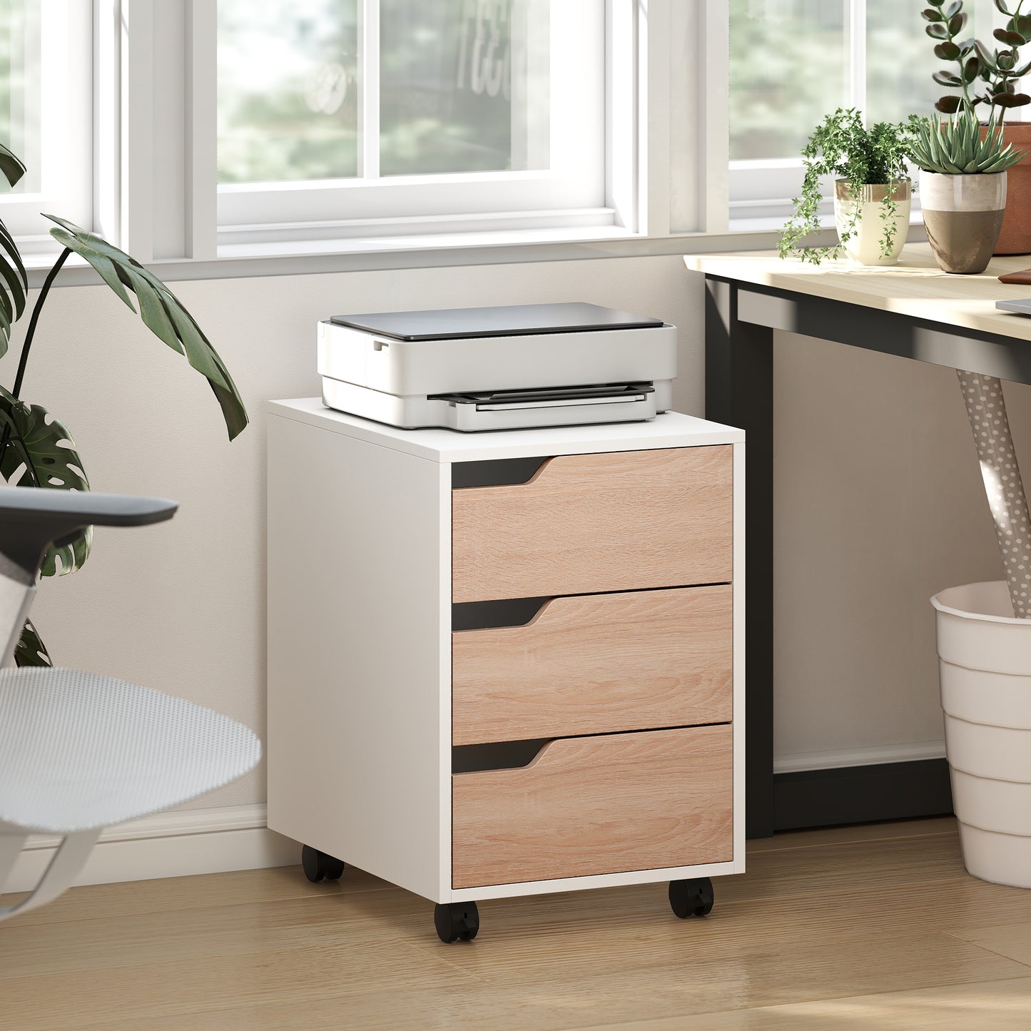 3 Drawer File Cabinet, Mobile Vertical Filing Cabinet with Wheels, Printer Stand with Storage for Home Office, Oak