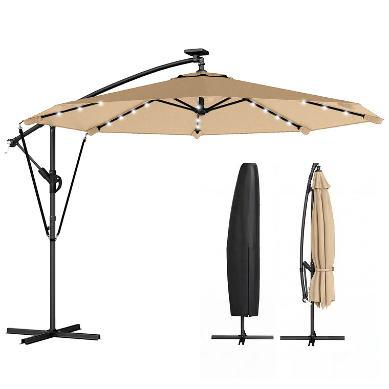 9.7ft Khaki Solar LED Cantilever Umbrella with Crank