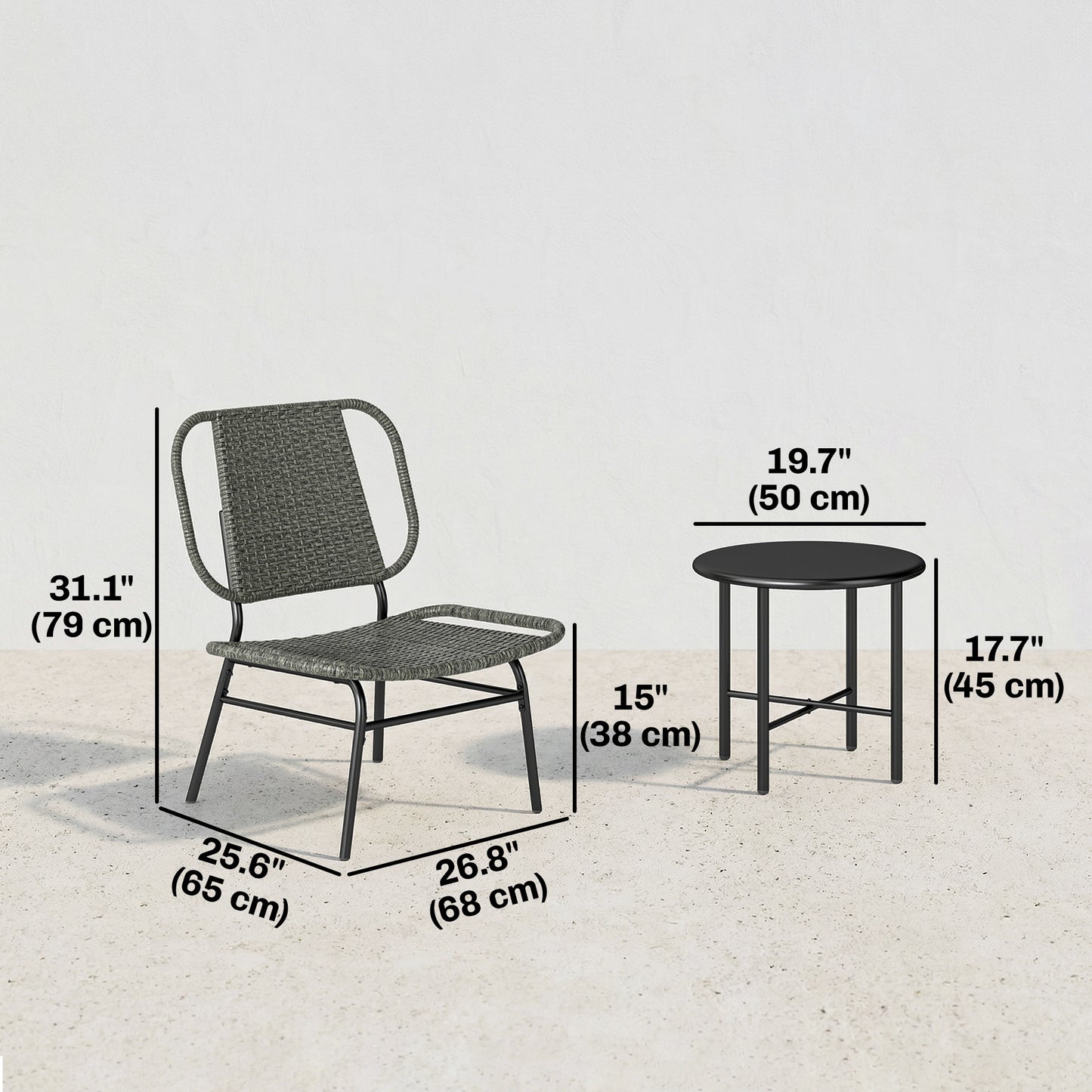 3 Piece Wicker Patio Furniture Set, Outdoor Bistro Set with Steel Table, Rattan Outdoor Conversation Furniture, Grey