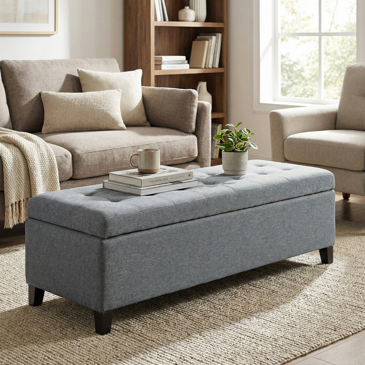 Rectangular Entry Bench, Tufted Upholstered Linen Fabric Wood Feet Storage Ottoman Bench, Grey