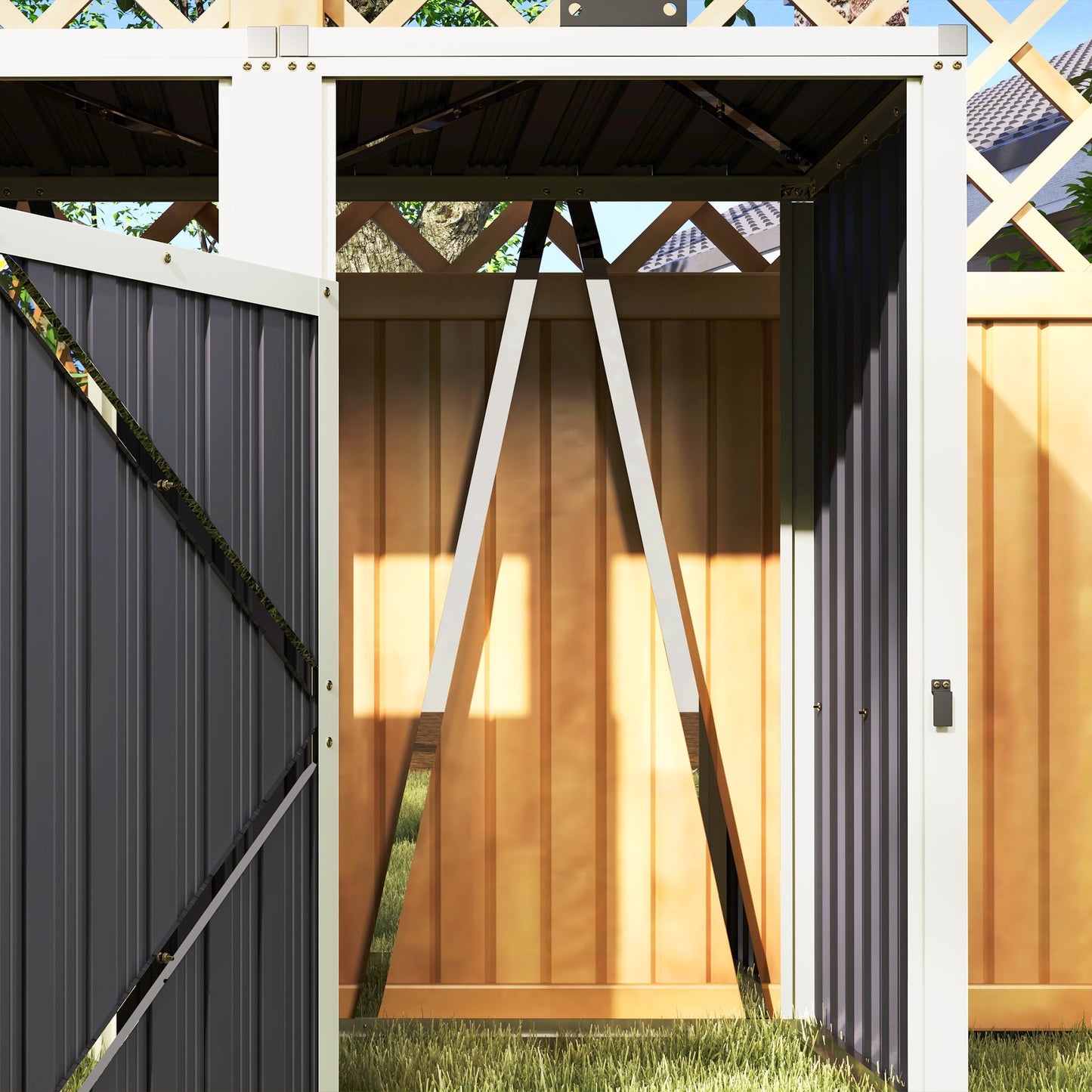 Double Garbage Bin Shed, Lockable Outdoor Storage Shed with Openable Lid, Galvanized Frame for Garden Patio, Dark Grey