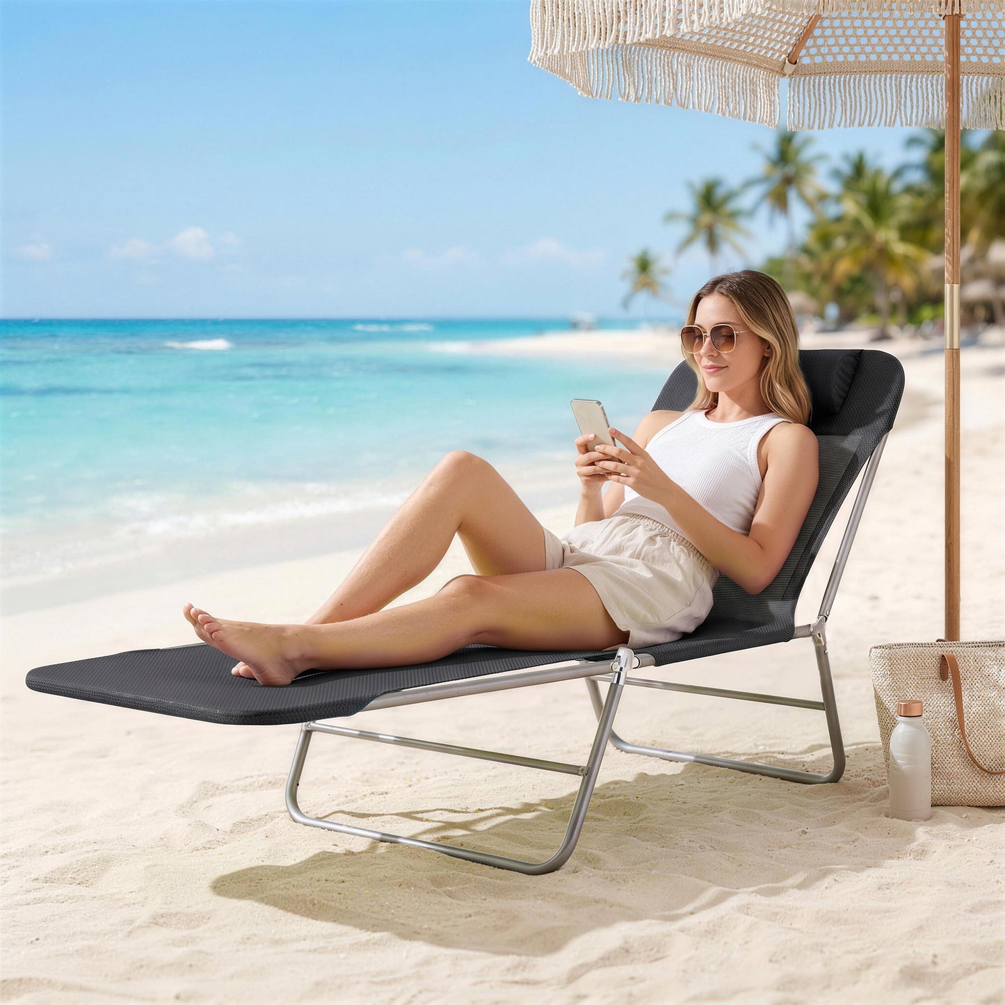 Outdoor Lounge Chair, Portable Adjustable Reclining Seat Folding Chaise Lounge Patio Camping Beach Tanning Chair Bed with Pillow, Black
