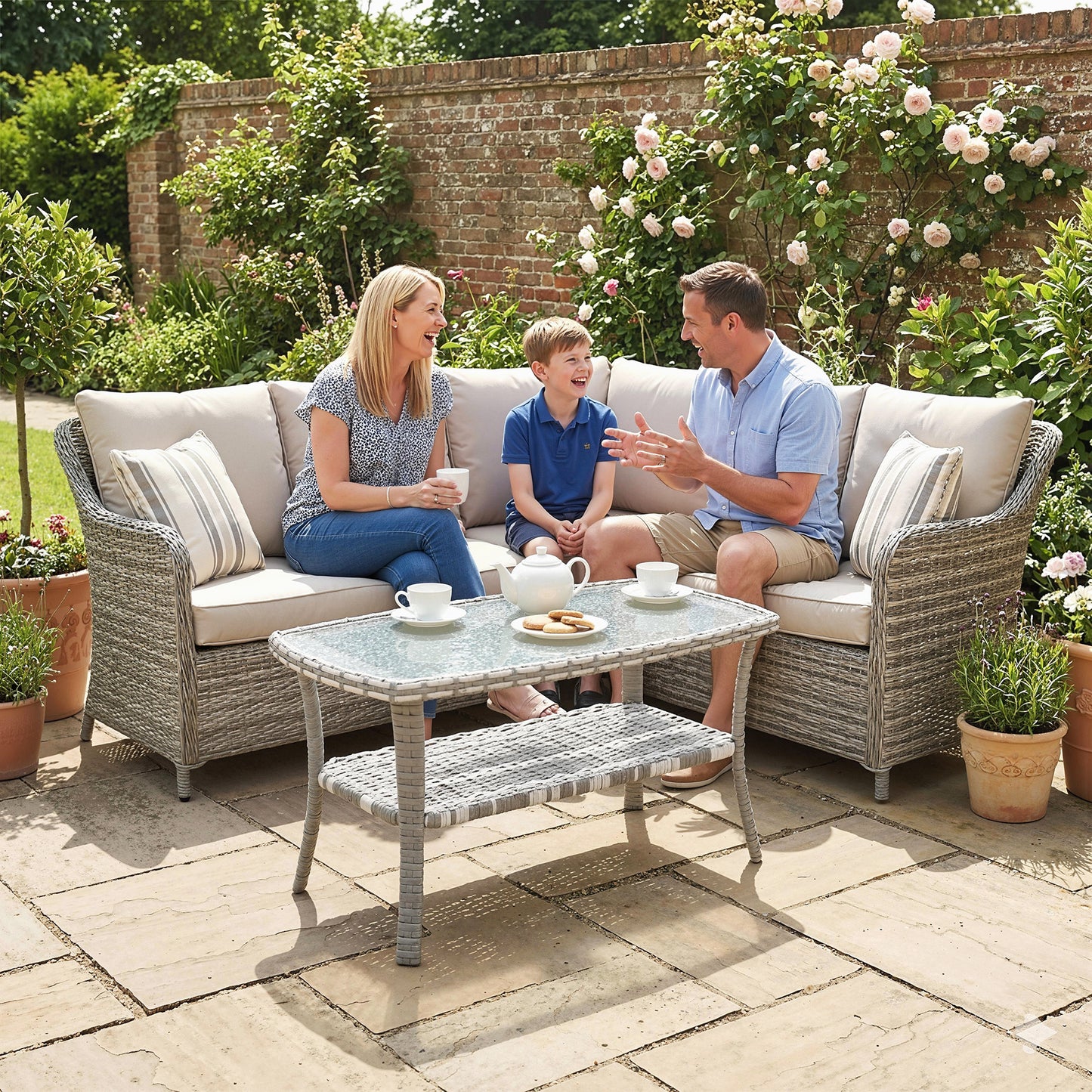 Outdoor Coffee Table with Storage Shelf, PE Wicker Patio Table with Glass Top for Garden, Backyard, Dark Grey