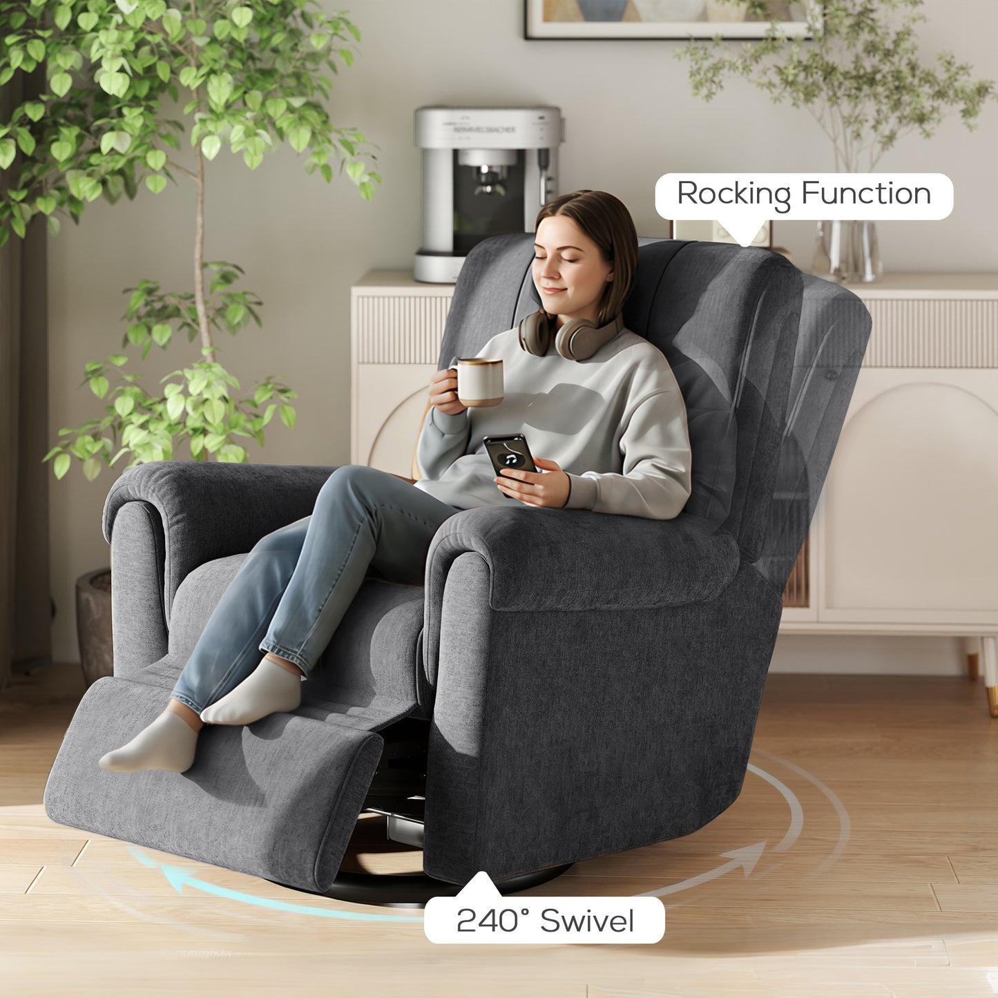 Power Recliner Chair, Fabric Upholstered Recliner Chair with USB Ports, Swivel and Rocking Function, Footrest, Dark Grey