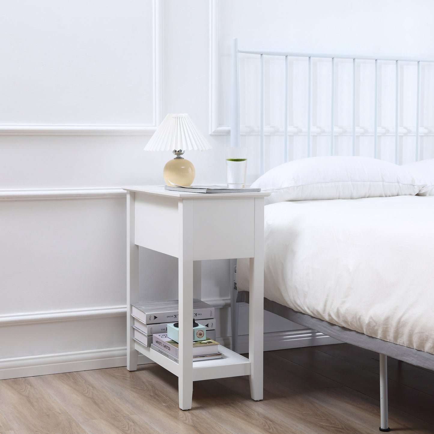 Flip Top End Table, Side Table with Storage Shelf and Cable Management, Narrow Nightstand for Living Room, Bedroom, White